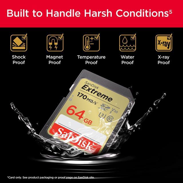 Alt view image 9 of 10 - SanDisk 64GB Extreme SDXC UHS-I/U3 Class 10 V30 Memory Card, Speed Up to 170MB/s (SDSDXV2-064G-GNCIN)