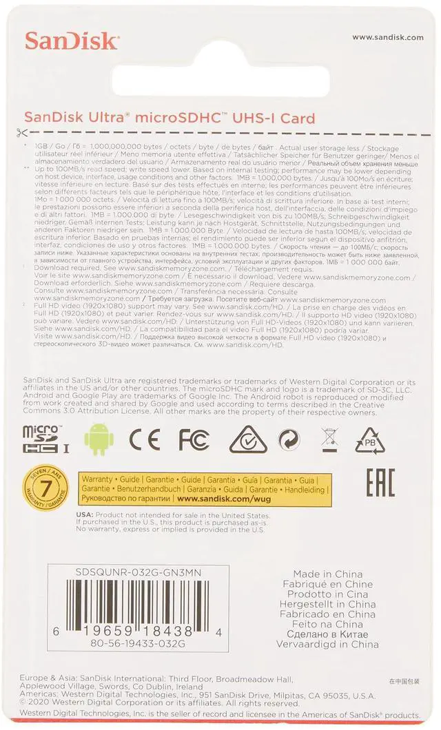 Alt view image 6 of 6 - SanDisk SDSQUNR-032G-GN3MN CVL 32GB 8pin microSDHC r100MB/s C10 UHS-I SanDisk Ultra microSDHC Memory Card w/out Adapter