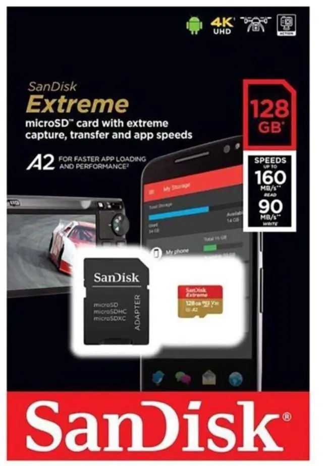 Alt view image 2 of 5 - SanDisk SDSQXA1-128G-GN6MN DCM 128GB 8pin microSDXC r160MB/s w90MB/s C10 U3 V30 A2 UHS-I SanDisk Extreme microSDXC Memory Card w/out Adapter