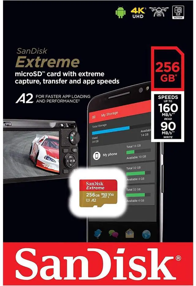 Alt view image 6 of 10 - SanDisk SDSQXA1-256G-GN6MN DJT 256GB 8pin microSDXC r160MB/s w90MB/s C10 U3 V30 A2 UHS-I SanDisk Extreme microSDXC Memory Card w/out Adapter