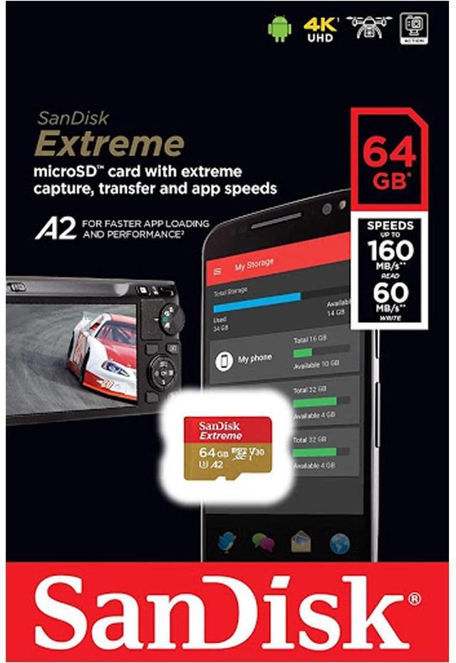 Alt view image 4 of 6 - SanDisk SDSQXA2-064G-GN6MN CYT 64GB 8pin microSDXC r160MB/s w60MB/s C10 U3 V30 A2 UHS-I SanDisk Extreme microSDXC Memory Card w/out Adapter