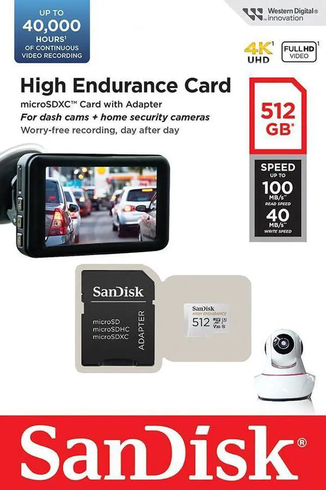 Alt view image 10 of 11 - SanDisk 512GB High Endurance Video microSDXC Card with Adapter for Dash Cam and Home Monitoring Systems - C10, U3, V30, 4K UHD, Micro SD Card - 100 MB/s Read - 40 MB/s Write SDSQQNR-512G-GN6IA