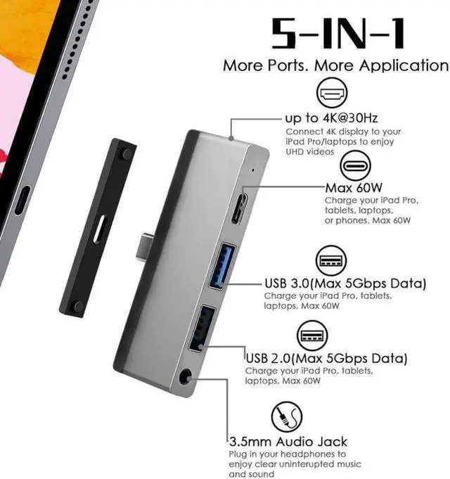 Alt view image 5 of 6 - Hot USB 3.0 Adapter 5-IN-1 Magnetic USB C To HDMI-compatible Hub PD Charging USB 3.0 Data Transmission 3.5mm Audio
