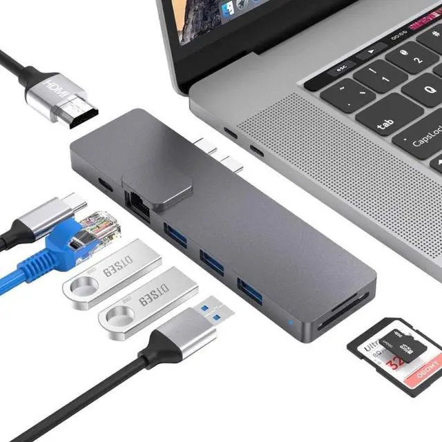 Alt view image 5 of 6 - USB C Hub Multi Port Type C Adapter Thunderbolt 3 Dock 4K HDMI-compatible RJ45 USB3.0 SD Reader 8in1 Designed for MacBook Pro