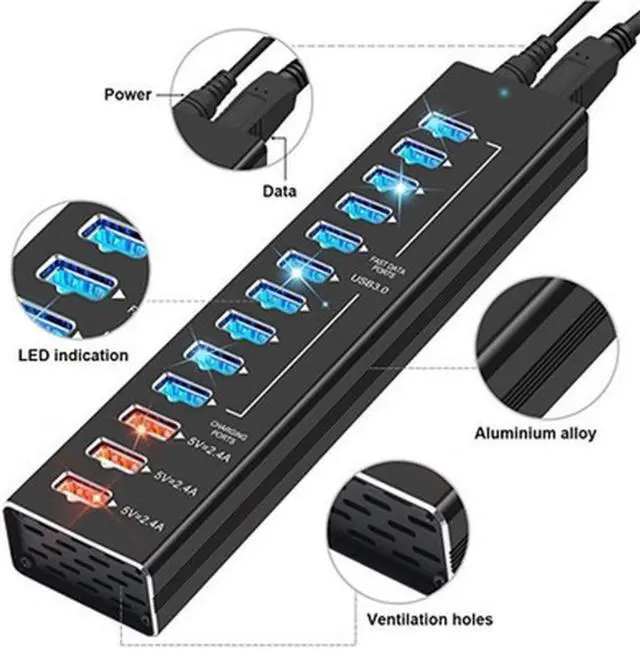 Alt view image 4 of 6 - USB Hub Charger 3.0 USB C Hub 13 Ports High Speed USB Splitter 5V 2.4A Fast Charger EU/US Power Adapter for Macbook Pro Laptop