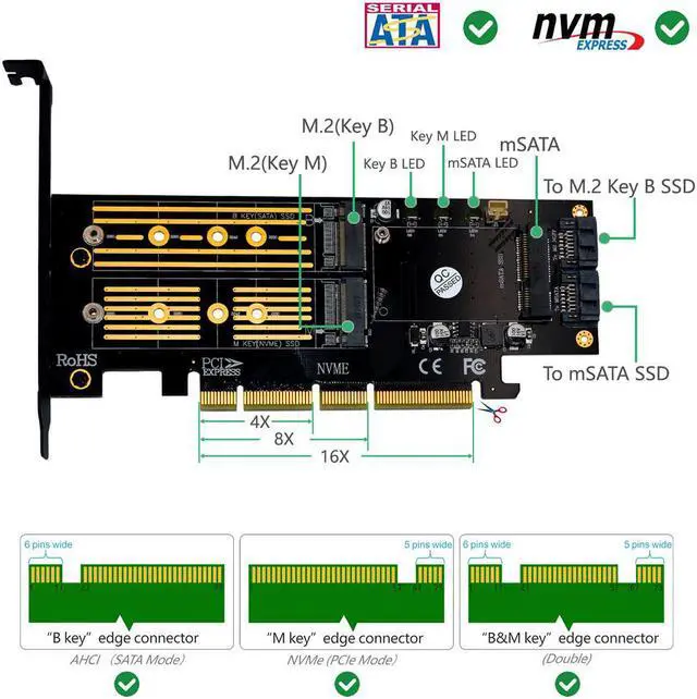Alt view image 6 of 6 - M.2 NVMe PCI Express 3.0 X16 Adapter PCIE to M2 Adapter M Key B Key mSATA 3in1 NVME AHCI M.2 NGFF SSD mSATA Converter Riser Card