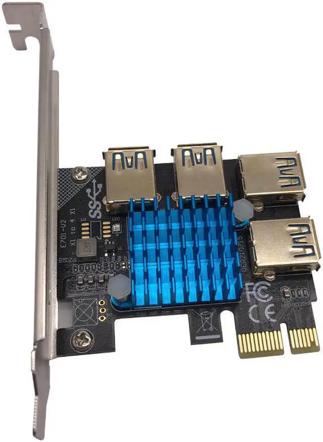 Alt view image 6 of 6 - PCIE 1 to 4 Riser Card LED Gold USB 3.0 Multiplier Hub PCI Express X1 to PCI-E 16X Riser for Video Card for Bitcoin Miner Mining