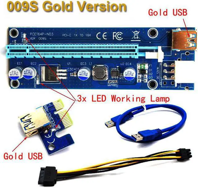 Alt view image 4 of 6 - 6PCS/LOT 009S Risers PCIe PCI-E PCI Express Riser Card 1X 4x 8x 16x USB 3.0 Data Cable for BTC Miner with 3 LEDs Antminer Mining