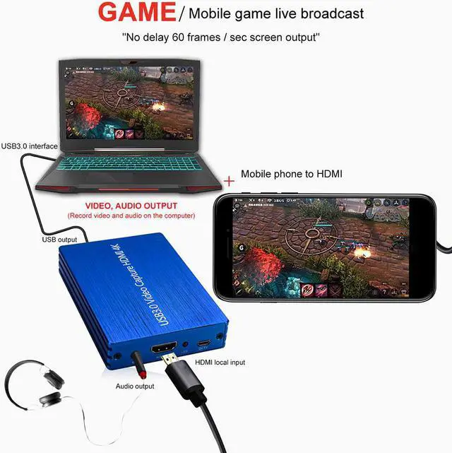 Alt view image 3 of 3 - 4K HDMI Capture Card Video Capture Device HDMI to USB 3.0 Game Broadcast Microphone HD 1080p Live Streaming Video Record Capture