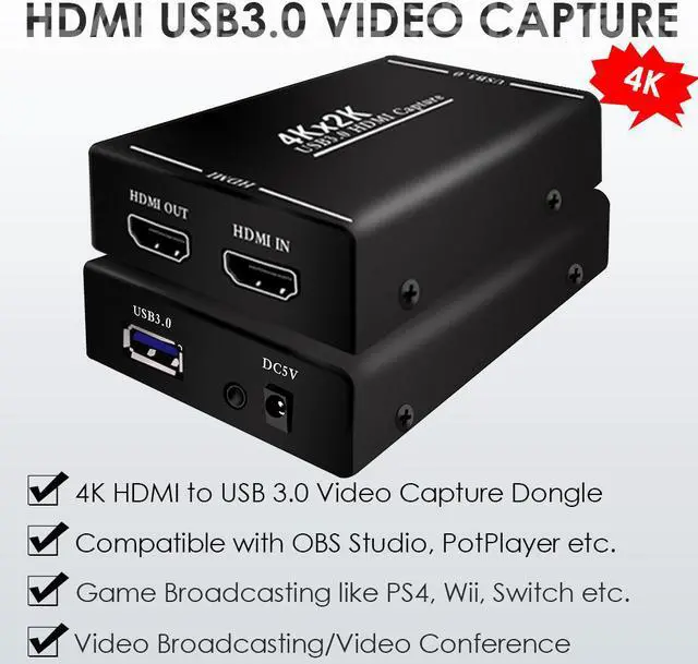 Alt view image 5 of 6 - Video Capture Card Device 4K 2K HDMI to USB 3.0 1080P Dongle HDMI Capture HD for PC PS4 Wii Switch Game Capturing Live Streaming
