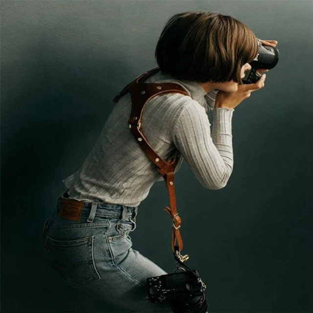 Alt view image 3 of 3 - Leather Camera Double Strap Camera Strap Two Cameras Leather Double Shoulder Strap Double Drop Protection