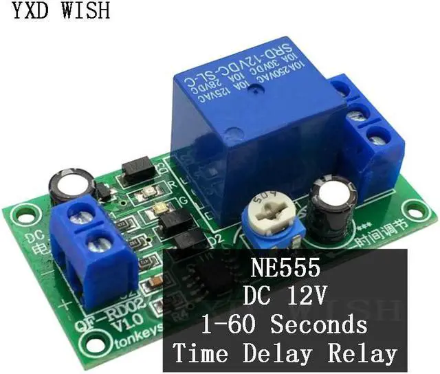 Main image of Interrupteur de minuterie de retard réglable, Module de relais de retard, arrêt de relais 1-60 secondes, DC 12V 10V-14.5V NE555