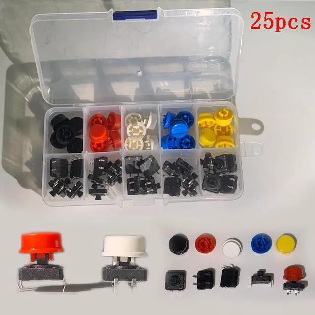 Main image of 25 pièces/boîte Tactile Interrupteur À Bouton-Poussoir Momentané 12*12*7.3MM Micro bouton de commutation + 25 pièces Tact Bouchon 5 couleurs Pour Arduino Commutateur