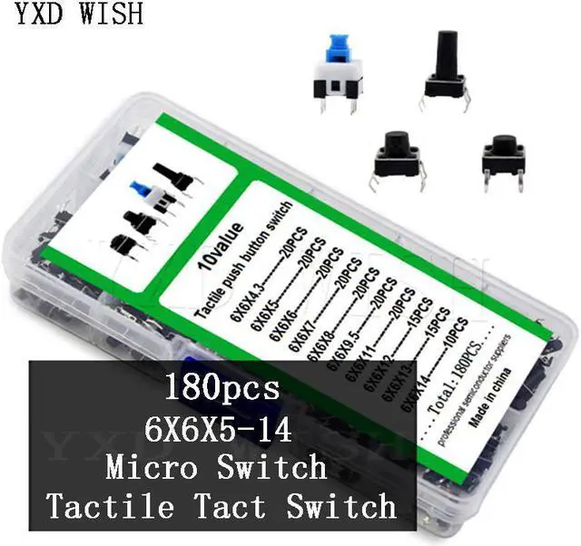 Main image of Kit d'interrupteurs Micro tactiles 6x6, 180 pièces, Kit d'assortiment de boutons poussoirs, accessoires d'outils de bricolage, interrupteurs tactiles ON/OFF 6x6