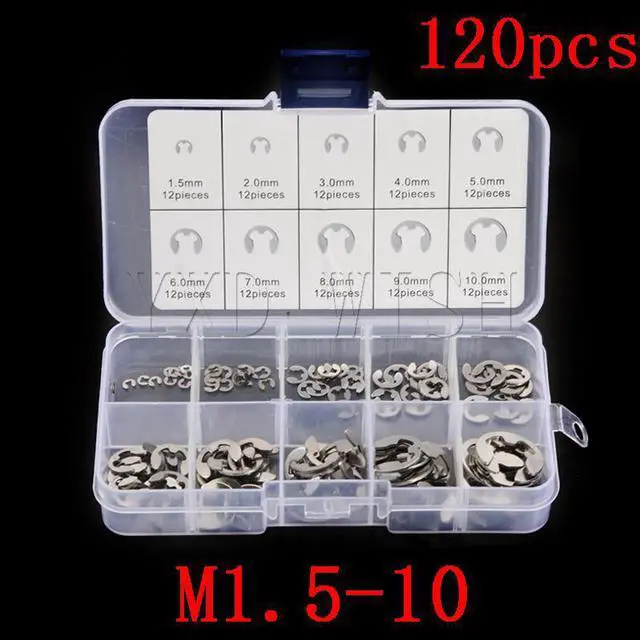 Main image of Kit d'assortiment de circlips en acier inoxydable 120, 304 pièces, bague de retenue pour fixation d'arbre M1.5-M10