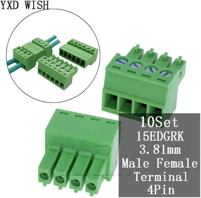 Main image of Bornier à vis sans soudure 15EDGRK, connecteur à 4 broches, pas de 3.81MM + douille, Kit de bricolage de bornes à ressort 4P, 10 jeux