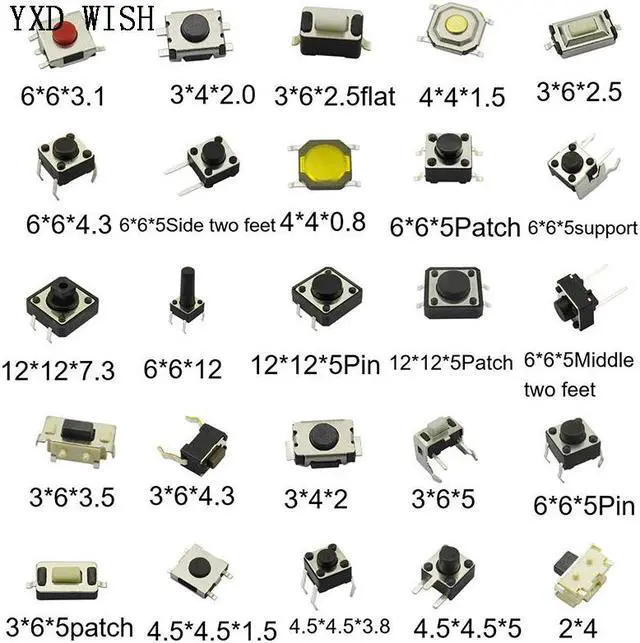 Alt view image 3 of 3 - Assortiment de micro-interrupteurs tactiles, 2x4, 3x6, 4x4, 6x6, 25Types, Kit de bricolage, 250 pièces/boîte