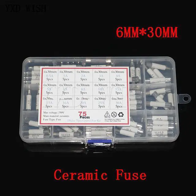Main image of Fusibles en céramique assortis, Kits de bricolage, 250V, 0,5a, 1A, 2A, 3A, 4A, 5A, 6A, 8A, 10A, 13A, 15A, 16A, 20A, 25A, 30A, 6x30mm, 75 pièces, 6x30 MM