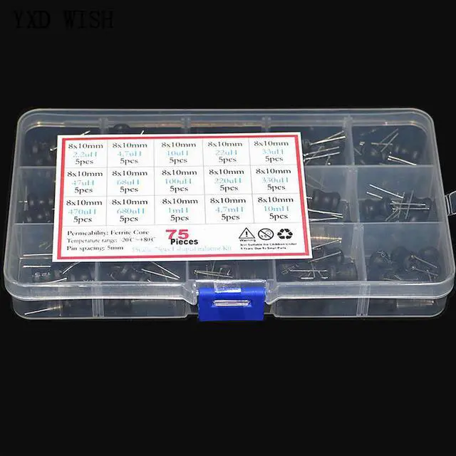Alt view image 3 of 4 - Jeu d'inducteurs de starter, 75 pièces/boîte pièces,-10mh, 15 valeurs x 5 pièces, 8x10mm, Kit assorti