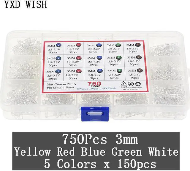 Main image of Diodes LED transparentes 3mm, 750 pièces/boîte, Ultra légères, jaune, rouge, bleu, vert, blanc, assortiment, Kit de bricolage, 5 couleurs x 150 pièces