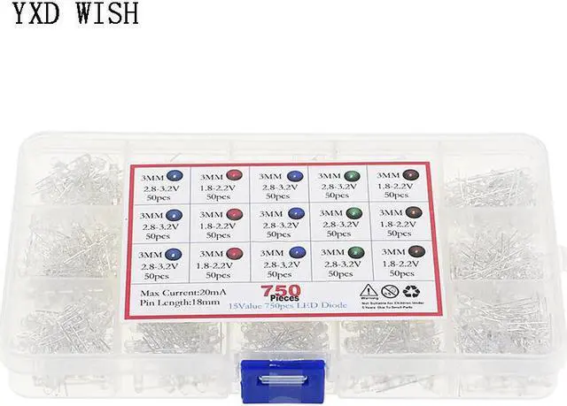 Alt view image 4 of 4 - Diodes LED transparentes 3mm, 750 pièces/boîte, Ultra légères, jaune, rouge, bleu, vert, blanc, assortiment, Kit de bricolage, 5 couleurs x 150 pièces