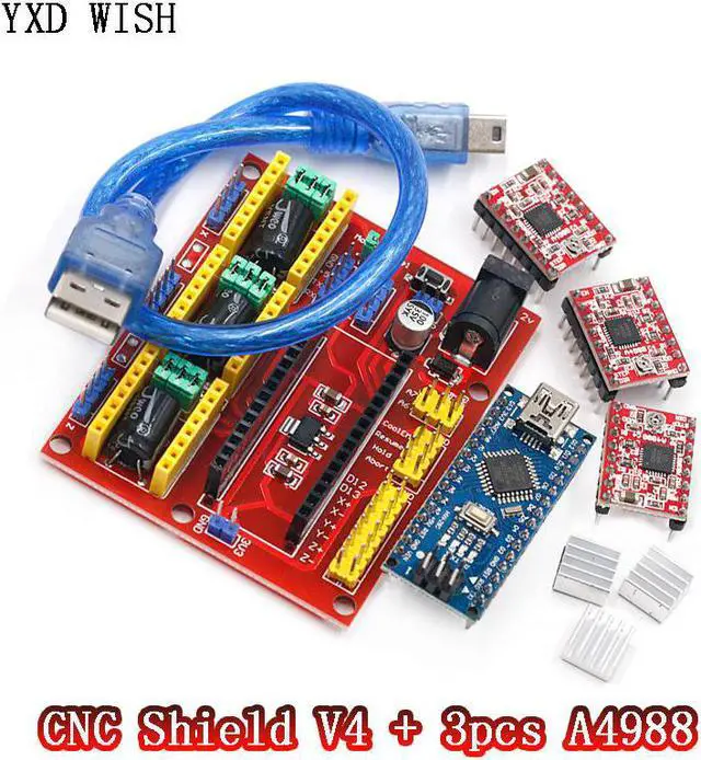 Main image of CNC Shield V4  Machine à graver, imprimante 3D + 3 pièces A4988, carte d'extension pour Arduino NANO V3. 0 avec Câble USB CNC Kit