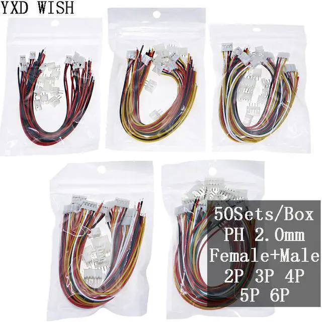 Main image of Kit d'assortiment de connecteurs Mini 2.0PH 2P 3P 4P 5P 6P, avec fils de 150mm, 50 pièces/boîte