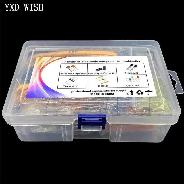 Main image of Kit d'assortiment, résistance de film métallique, pack composants électroniques, diodes, LED, condensateur électrolytique, ensemble transistor céramique, idéal pour le bricolage DIY,