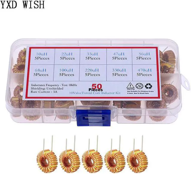Main image of 50pcs Noyau toroïdal Inducteur Kit 10uH 22uH 33uH 47uH 56uH 68uH 100uH 220uH 330uH 470uH Inducteurs Ensemble Magnétique D'enroulement D'inductance
