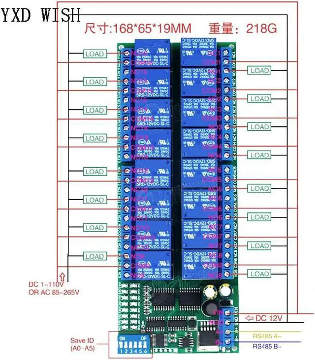 Alt view image 4 of 4 - Modbus RTU DC 12V, 16 canaux, extension PLC, Module relais RS485, protocole de relais 10A Modbus RTU, télécommande intelligente