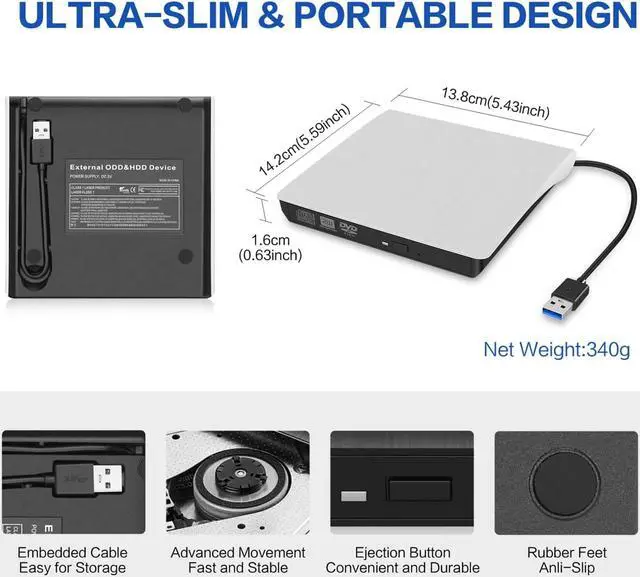 Alt view image 6 of 6 - External CD/DVD Drive for Laptop, USB 3.0 Ultra-Slim Portable Burner Writer Compatible with Mac MacBook Pro/Air iMac Desktop Windows 7/8/10/XP/Vista (White)