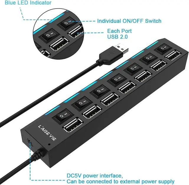 Alt view image 4 of 5 - Multi Port USB Splitter, 7 Port USB 2.0 Hub, USB A Port Data Hub with Independent On/Off Switch and LED Indicators, Lights for Laptop, PC, Computer