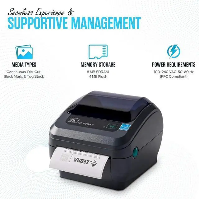 Alt view image 3 of 6 - Ze bra GX420D Direct Thermal Label, Receipt & Bar code Printer - with USB 2.0 Cable, 4x6 Label Roll, 24V - USB, Serial and Ethernet Connectivity