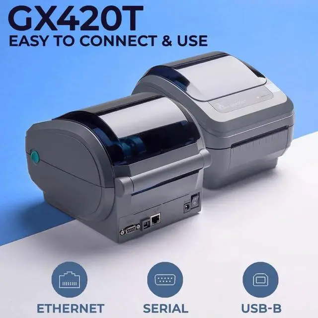 Alt view image 3 of 6 - Ze bra Label Printer GX420T Direct Thermal Desktop Printer Bundle for Small Business - Includes Ze bra GX 420t Label Printer (GX42-102510-150), USB-A Cable and Microfiber Cloth