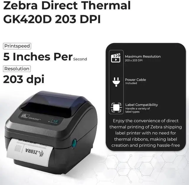 Alt view image 7 of 7 - Ze bra GK420D Direct Thermal Label & Bar code Printer Bundle - 1 Year Warranty - Ethernet Connectivity Printer with 24V AC Adapter + 4x6 Label Roll + USB 2.0 Cable + Microfiber Cloth