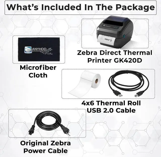 Alt view image 5 of 7 - Ze bra GK420D Direct Thermal Label & Bar code Printer Bundle - 1 Year Warranty - Ethernet Connectivity Printer with 24V AC Adapter + 4x6 Label Roll + USB 2.0 Cable + Microfiber Cloth