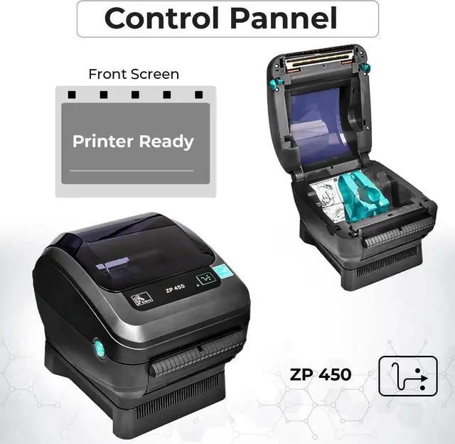 Alt view image 3 of 6 - Ze bra ZP450 (ZP 450) Thermal Bar code Label Printer - 1 Year Warranty, USB, Serial, and Parallel Connectivity 203 DPI Resolution with Power Cord + USB 2.0 Cable + Microfiber Cloth