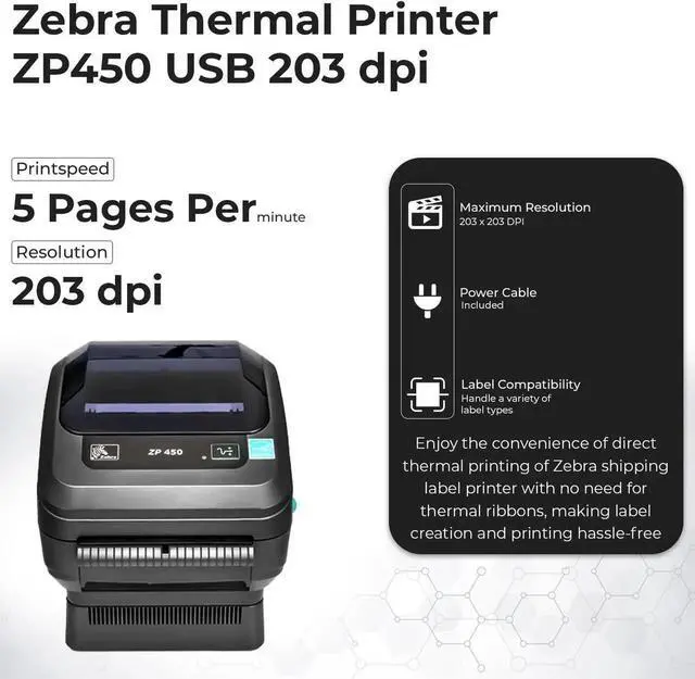 Alt view image 4 of 6 - Ze bra ZP450 (ZP 450) Thermal Bar code Label Printer - 1 Year Warranty, USB, Serial, and Parallel Connectivity 203 DPI Resolution with Power Cord + USB 2.0 Cable + Microfiber Cloth