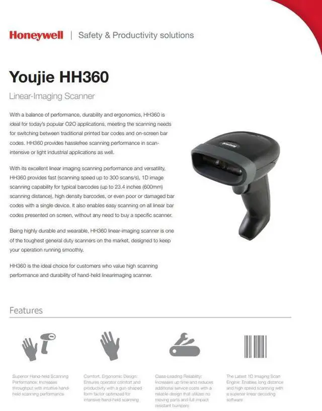 Alt view image 2 of 4 - Honey,well HH360 Handheld Bar,code Reader BLACK, USB, STAND - PN YJ-HH360-R-2USB-1