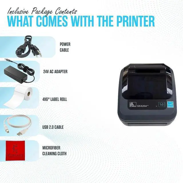 Alt view image 4 of 6 - Ze bra GK420D Direct Thermal Label & Bar code Printer Bundle - 1 Year Warranty - Comes with 24V, 4x6 Label Roll, USB 2.0 Cable & Microfiber Cleaning Cloth - Ethernet Connectivity