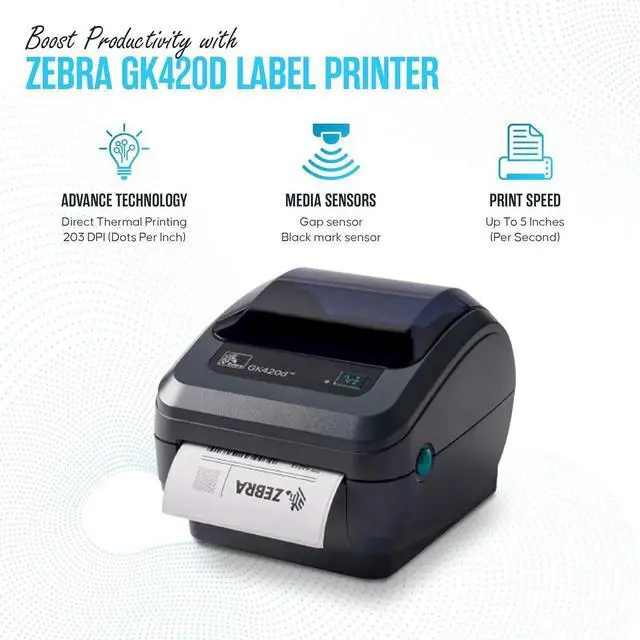 Alt view image 3 of 6 - Ze bra GK420D Direct Thermal Label & Bar code Printer Bundle - 1 Year Warranty - Comes with 24V, 4x6 Label Roll, USB 2.0 Cable & Microfiber Cleaning Cloth - Ethernet Connectivity