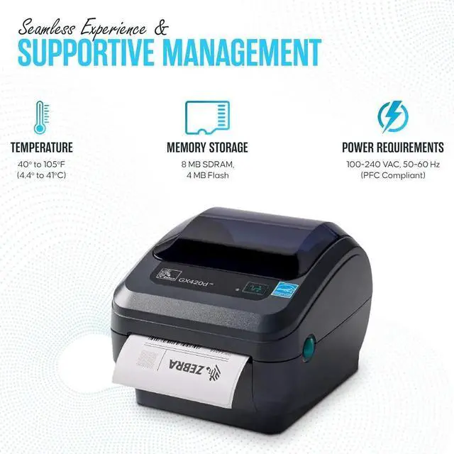 Alt view image 2 of 6 - Ze bra GK420D Direct Thermal Label & Bar code Printer Bundle - 1 Year Warranty - Comes with 24V, 4x6 Label Roll, USB 2.0 Cable & Microfiber Cleaning Cloth - Ethernet Connectivity