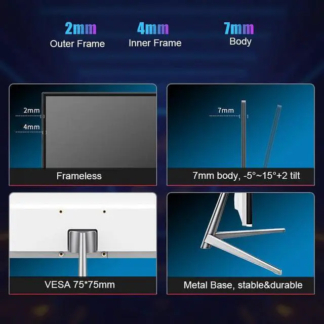Alt view image 7 of 7 - FYHXele 24inch Computer Monitor PC Monitor FHD 1080P 75Hz 1ms Response IPS Panel VESA 75*75mm Super-Slim HDMI VGA Blue Light Filter