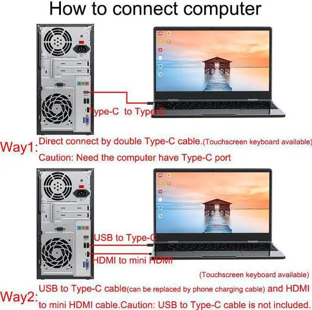 Alt view image 7 of 7 - 1080P HDMI Portable Monitor 13.3'' 10 Points IPS TouchScreen Panel Backlit Keyboard With Battery USB-C Metallic 360° Rotation