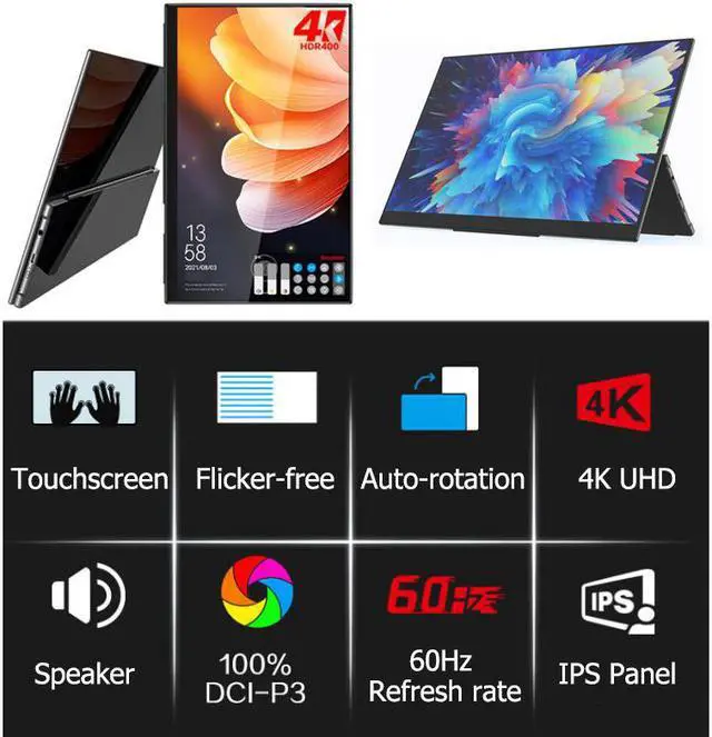 Alt view image 2 of 7 - 15.6inch 4K Portable Monitor UHD Touchscreen LED Full-featured USB Type-C HDMI2.0 Eye Care 550 Brightness with Speakers Holder