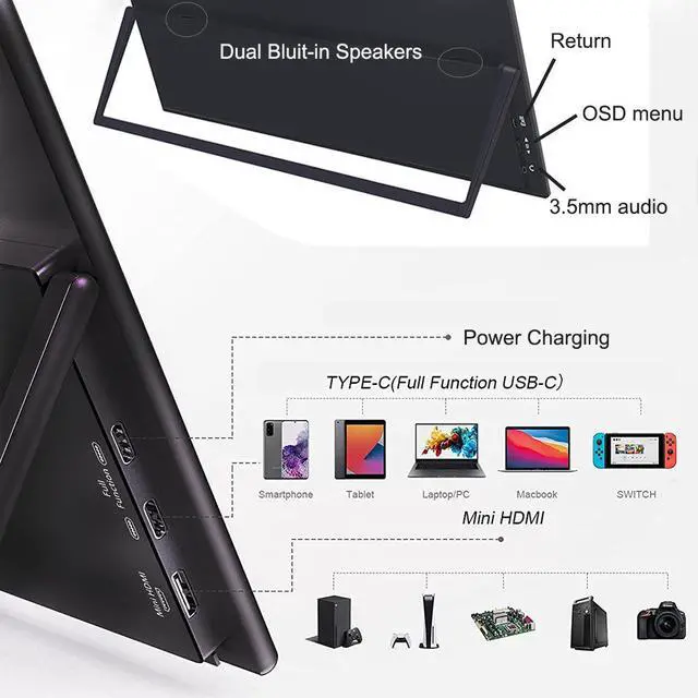 Alt view image 7 of 7 - FYHXELE 15.6 Inch Portable Monitor 1080P HDR IPS Panel USBC HDMI Ultra-light External Second Monitor Stand Built-in Speaker for PS4 PC