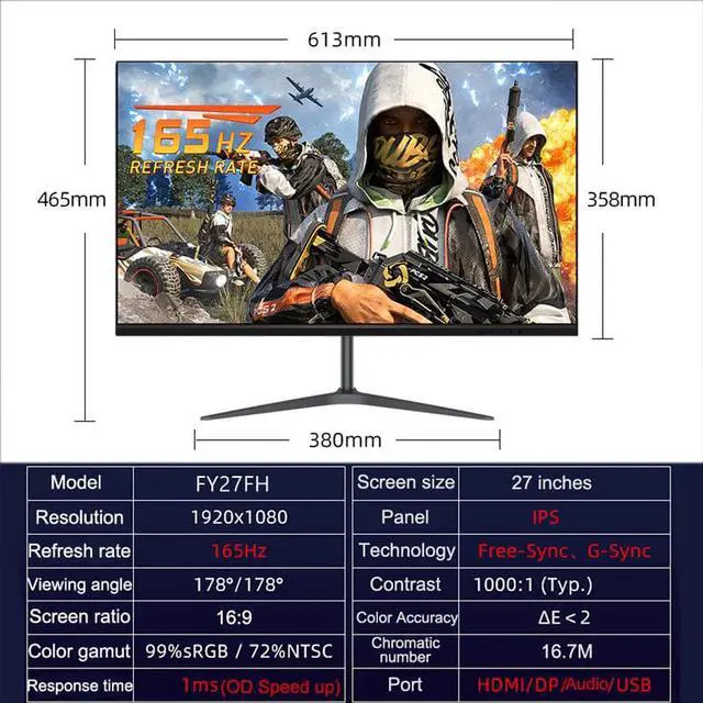 Alt view image 6 of 6 - 27" IPS Monitor 165Hz Gaming Monitors 165Hz 1080P FHD 1ms Free-sync LCD Display 100%sRGB Eye Protect Support HDMI DP