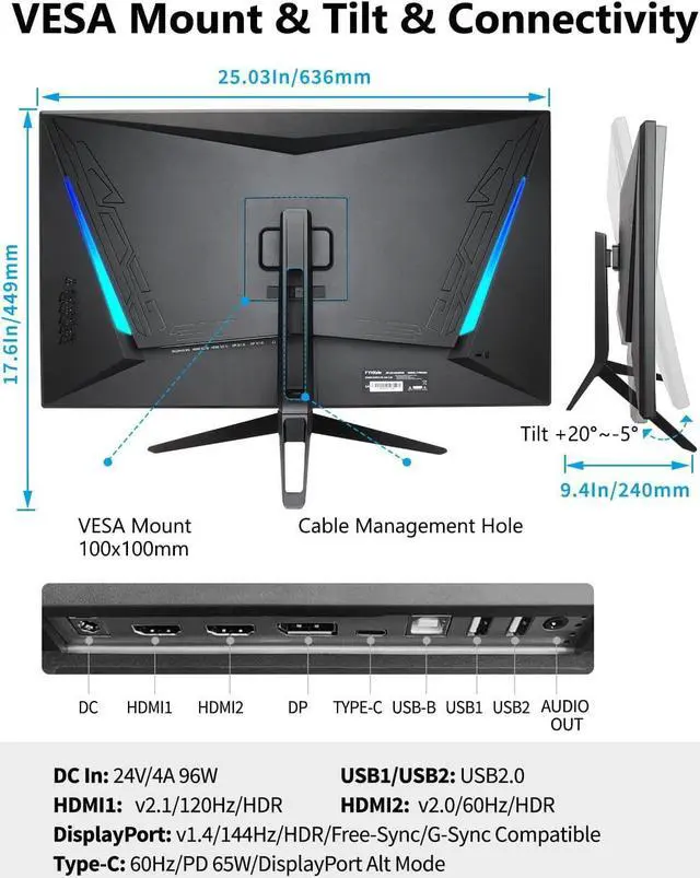 Alt view image 7 of 7 - FYHXele Gaming Monitor, 4K Monitor 144Hz 28" with Remote, UHD IPS Computer Monitor, 65W USB-C, 1ms, VESA Mount, Dual Speaker, Free-sync, DSC, 1xHDMI2.1, 1xHDMI2.0, Inputs 1xDisplayPort1.4, HDR400