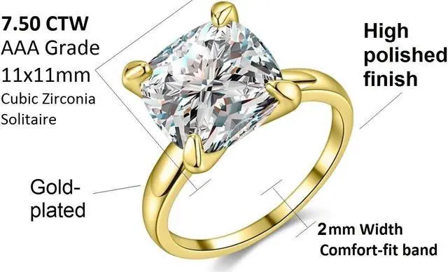 Alt view image 2 of 7 - 18K Yellow Gold-Plated 7.50 CTW Princess Cut Solitaire CZ Cubic Zirconia Engagement Wedding Promise Anniversary Ring Gift