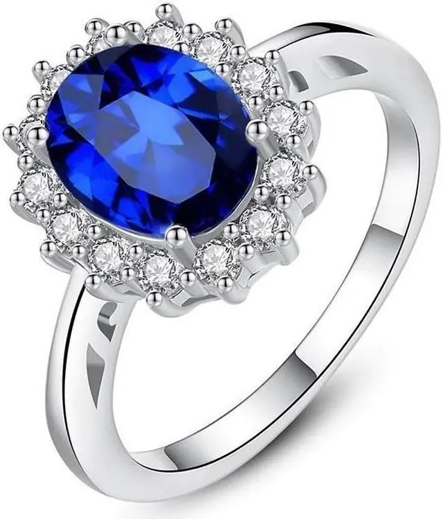 Main image of 14K White Gold-Plated 1.80 CTW Oval Sparkling Blue Halo CZ Cubic Zirconia Anniversary Statement Cocktail Party Ring Gift 8.5